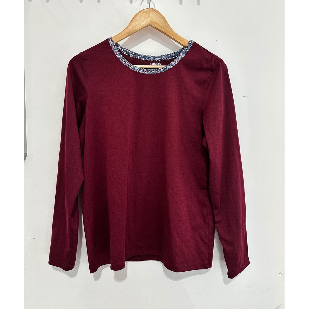 Lands End Burgundy Long Sleeve Top Floral Trim Medium Fall Basics Minimalist
